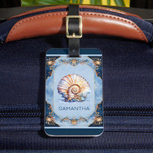 Bruid stamreis cadeaus zeeschelp blauw strand bagagelabel