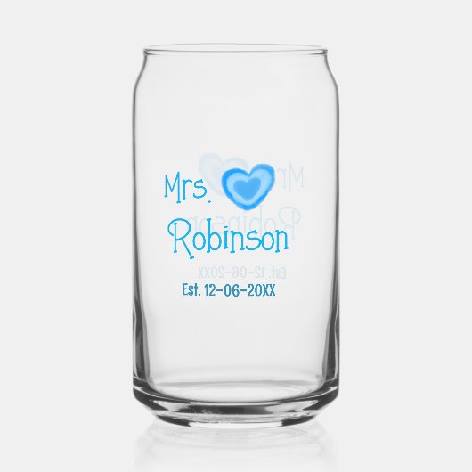 Bruid to be Mrs. add naam datum blauw hart waterve Blikvorm Glas (Voorkant)