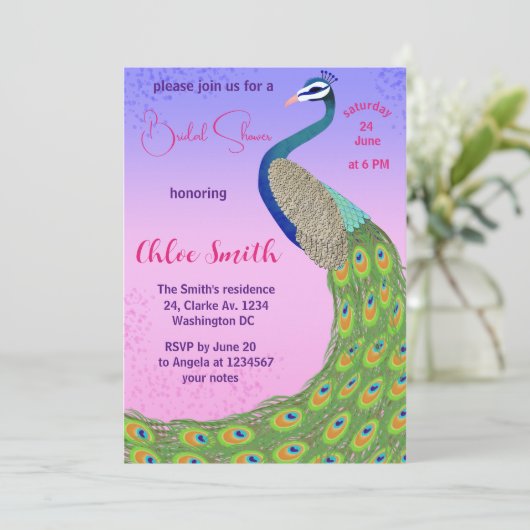 Bruid-to-Be uitnodiging met Peacock-geïnspireerd (Staand voorkant)