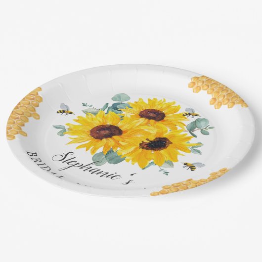 Bruid Tot Bij Honeycomb Zonnebloem Bruiloft Feest Papieren Bordje (Gekanteld)