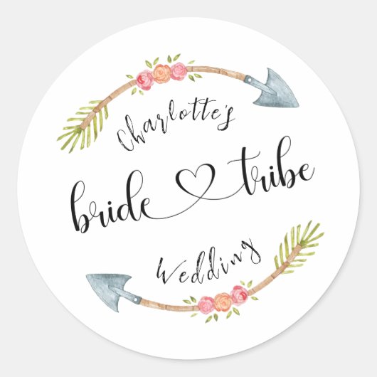 Bruid Tribe Custom Waterverf Boho Bruiloft Ronde Sticker (Voorkant)