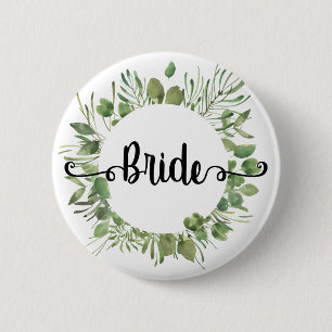 Bruid waterverf botanische bladerkrans Calligrafie Ronde Button 5,7 Cm