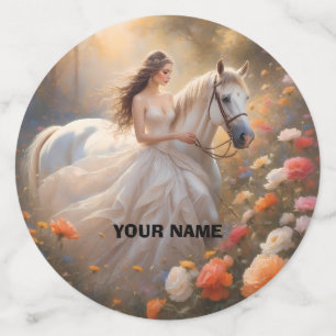 Bruid & Witte Hengst Paard Staande In Een Weiland Confetti