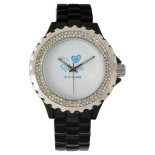 Bruid wordt mevrouw voeg naam datum toe blauw hart horloge