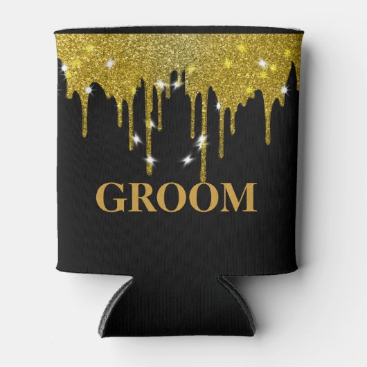 BRUIDEGOM Voor Hem Bruiloft Zwart Goud Dripping Blikjeskoeler (Voorkant)