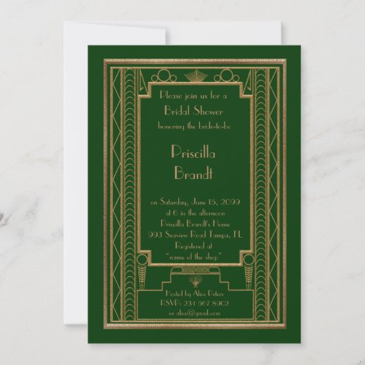 Bruids Douche uitnodiging, grote Gatsby goud groen Kaart (Voorkant)