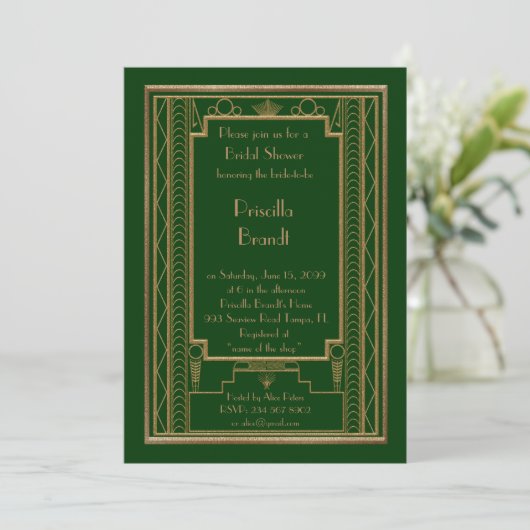 Bruids Douche uitnodiging, grote Gatsby goud groen Kaart (Staand voorkant)