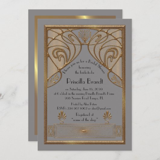 Bruids Douche uitnodiging, grote Gatsby, grijs Gou Kaart (Voorkant / Achterkant)