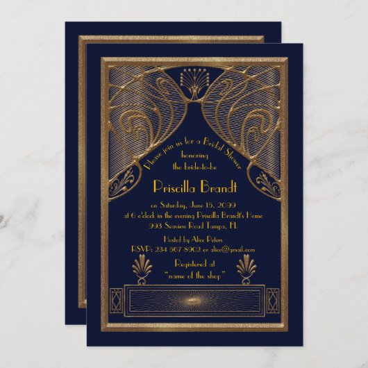 Bruids Douche uitnodiging, grote Gatsby, marine Go Kaart (Voorkant / Achterkant)