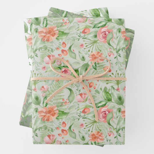 Bruids groene en roze tropische bloemen en varens inpakpapier vel (In situ)