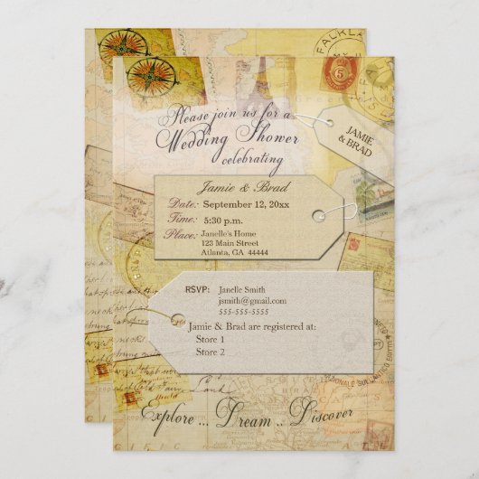 Bruids Reizen Douche thema in cacao en crème Invi Kaart (Voorkant / Achterkant)