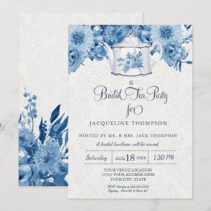 Bruids Tea Party Marine Blauw Wit Bloemen Theepot  Kaart