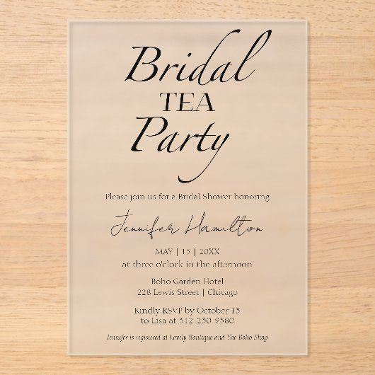 Bruids thee Party | Zwart-wit Vrijgezellenfeest Acryl Uitnodigingen (Voorkant)