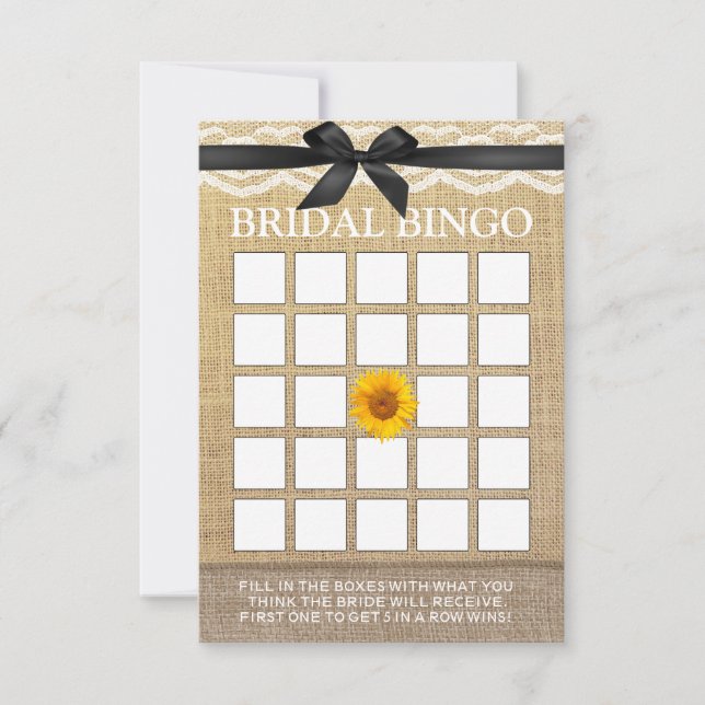 Bruidsbingo met Zwart Lint Zonnebloem Jute Bruidsb (Voorkant)