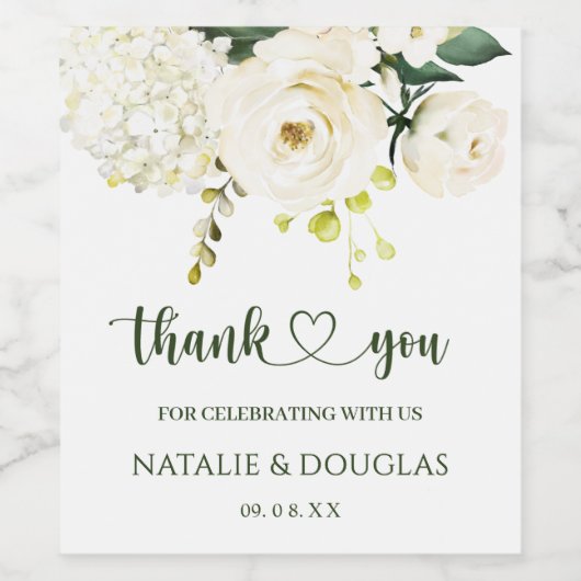 Bruidsboeket met witte rozen en groen wijn etiket (Enkel label)