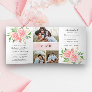 Bruidsboeket van Roze Rozen Foto Collage Bruiloft Drieluik Uitnodiging