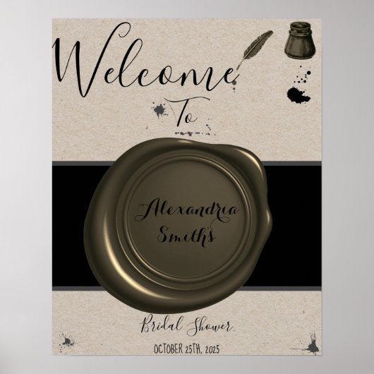 Bruidscadeau bord 'Feather Pen & Inkwell Welcome' Poster (Voorkant)
