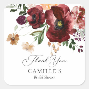 Bruidscadeaushower Bedankt in Bourgondië Floral st Vierkante Sticker