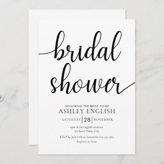 Bruidsdouche uitnodiging - Modern Zwart Script (Voorkant / Achterkant)