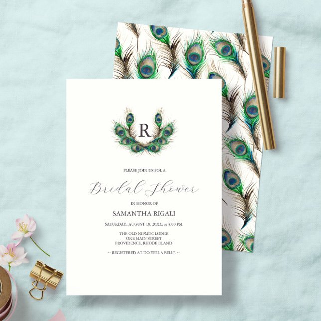 Bruidsdouche uitnodigingen Waterverf Peacock (Monogrammed Bridal Shower Invitations feature watercolor peacock feathers by Victoria Grigaliunas )