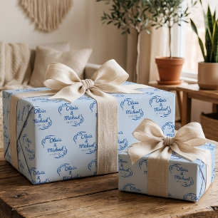 Bruidsfeest   Aangepaste Blauwe Strik Nieuwgetrouw Cadeaupapier