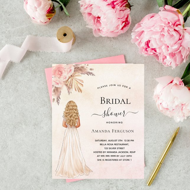 Bruidsfeest bruid roos pampas budget uitnodiging (Creator heeft geüpload)