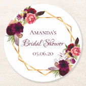 Bruidsfeest burgundy bloemen geometrisch goud ronde kartonnen onderzetter (Voorkant)