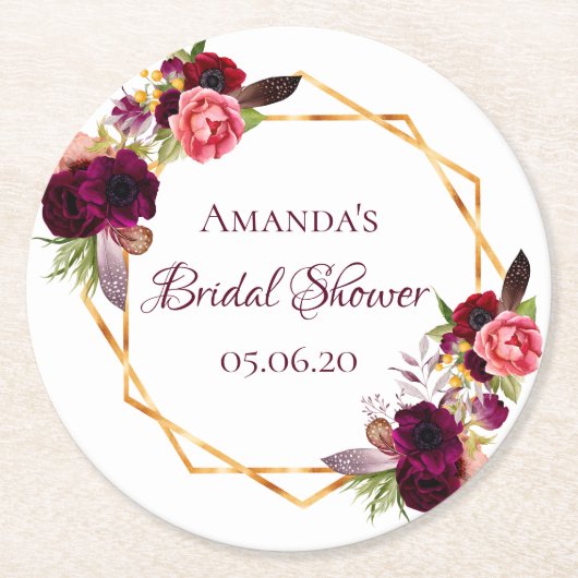 Bruidsfeest burgundy bloemen geometrisch goud ronde kartonnen onderzetter (Voorkant)
