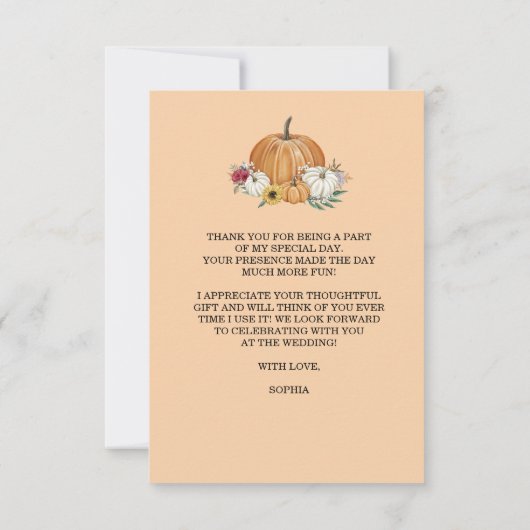 Bruidsfeest Dankkaart voor Herfst met Pompoen Bedankkaart (Achterkant)