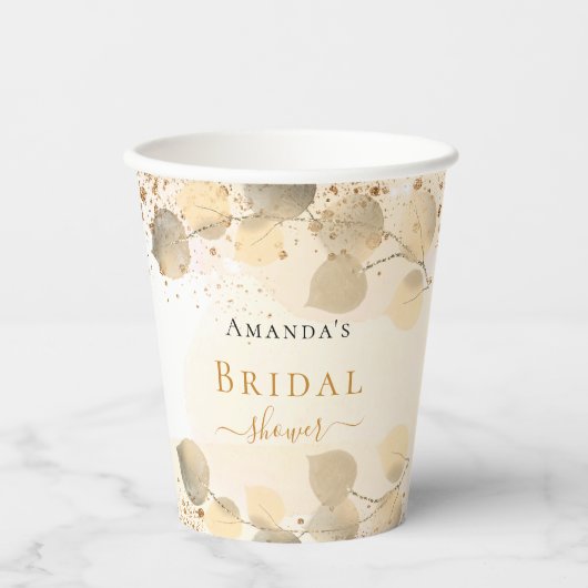 Bruidsfeest eucalyptus glitters glanzende monogram papieren bekers (Voorkant)