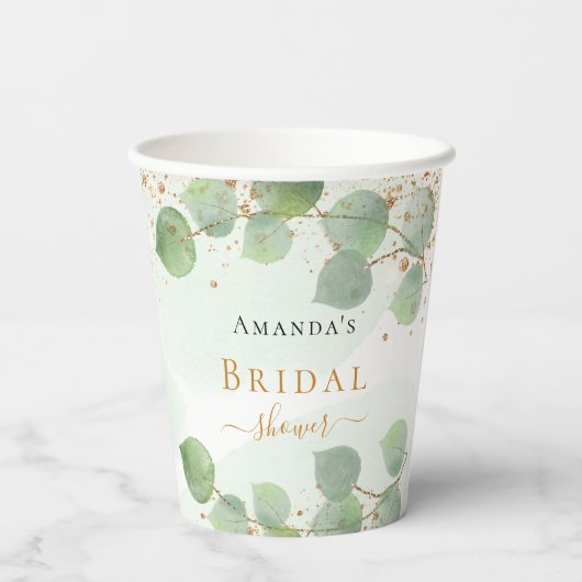 Bruidsfeest eucalyptus glitters gouden monogram papieren bekers (Achterkant)