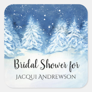 Bruidsfeest Favor Seal Winter Besneeuwd Bos Bomen Vierkante Sticker