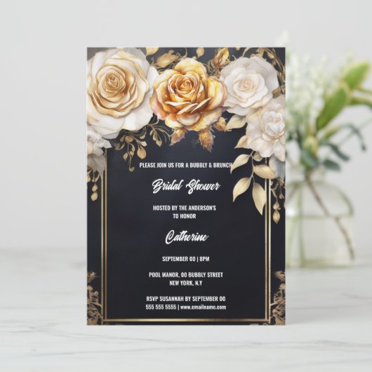 Bruidsfeest goud zwart roos bloem bloemrijk chic kaart (Staand voorkant)