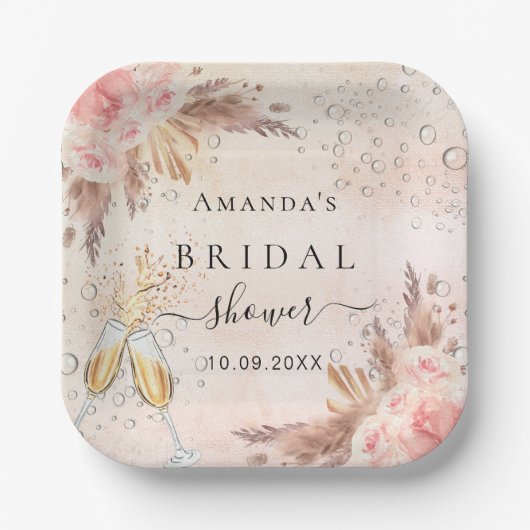 Bruidsfeest pampas gras roze goud bubbelig papieren bordje (Voorkant)