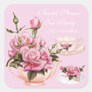 Bruidsfeest Partij Roze Roos Bloem Theepot 3 Vierkante Sticker