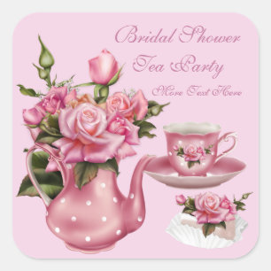 Bruidsfeest Partij Roze Roos Bloem Theepot 5 Vierkante Sticker
