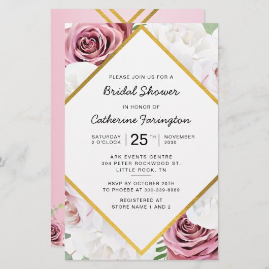 Bruidsfeest Roze Bloem Gouden Lijst Uitnodiging Briefpapier (Voorkant / Achterkant)