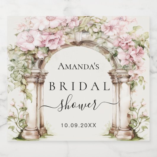 Bruidsfeest roze bloemen marmeren boog sparkling wijnetiket (Enkel label)