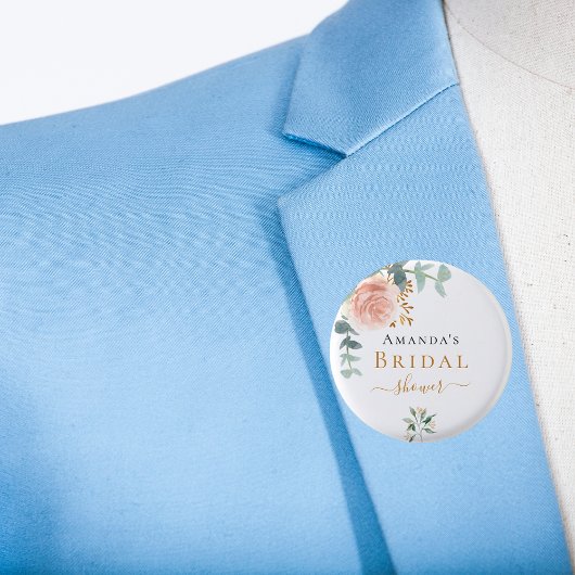 Bruidsfeest roze gouden bloemige eucalyptus elegan ronde button 3,2 cm