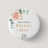 Bruidsfeest roze gouden bloemige eucalyptus elegan ronde button 3,2 cm (Voorkant)