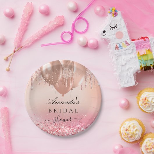 Bruidsfeest roze gouden blos glitter naam papieren bordje (Feest)