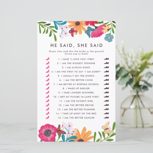 Bruidsfeest spel 'Wilde bloemen Hij zei, zij zei' (Staand voorkant)