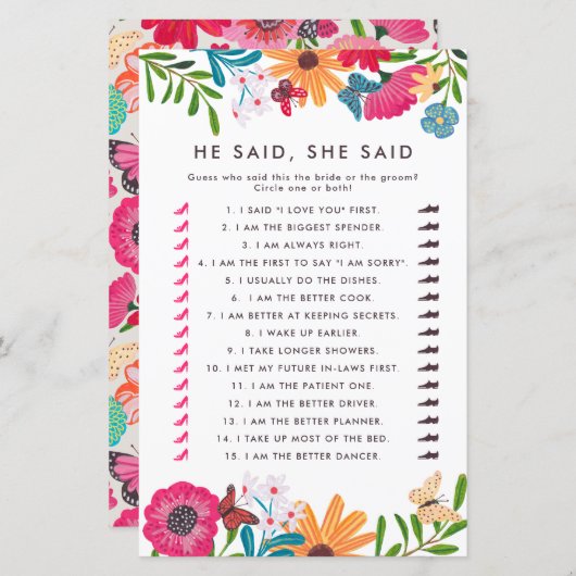 Bruidsfeest spel 'Wilde bloemen Hij zei, zij zei' (Voorkant / Achterkant)