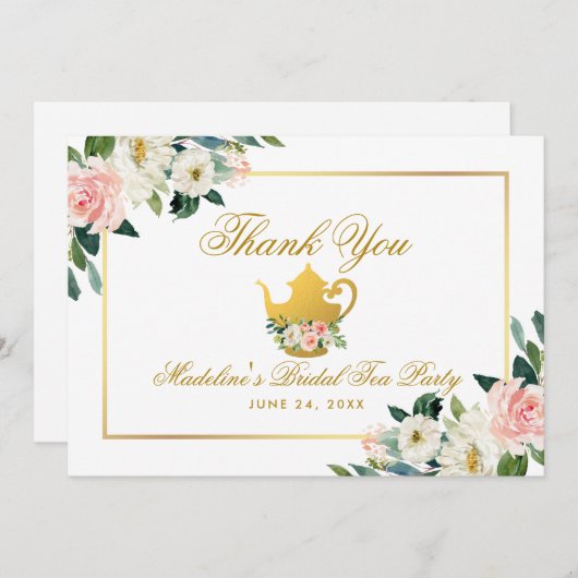 Bruidsfeest Theepartij Roze Bloemen Gouden Dankjew Bedankkaart (Voorkant / Achterkant)