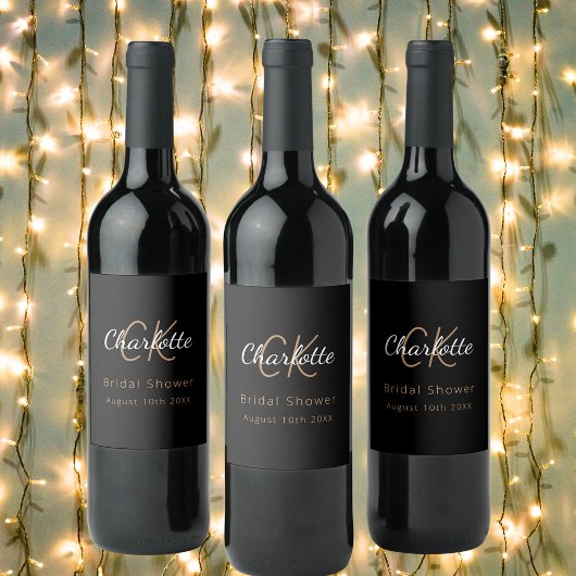 Bruidsfeest zwart gouden monogram wijn etiket