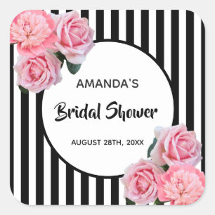 Bruidsfeest zwart witte strepen roze bloemen vierkante sticker