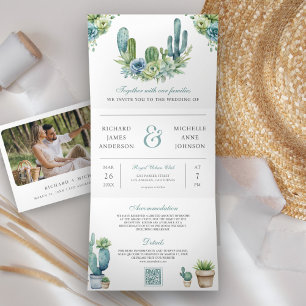 Bruidsfotografietabel met QR-code en vetplant Drieluik Uitnodiging