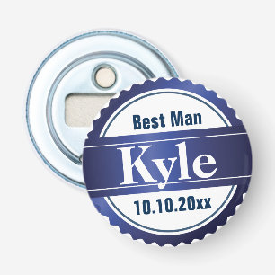 Bruidsjonker Blauwe Trouwpartij Monogram Button Flesopener