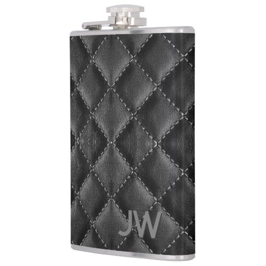 Bruidsjonker met geprägde monogram zwart leer heupfles (Links)