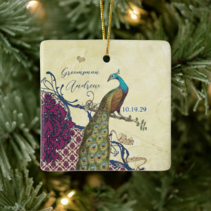 Bruidsjonker Navy & Framboos Vintage Pauw Keramisch Ornament